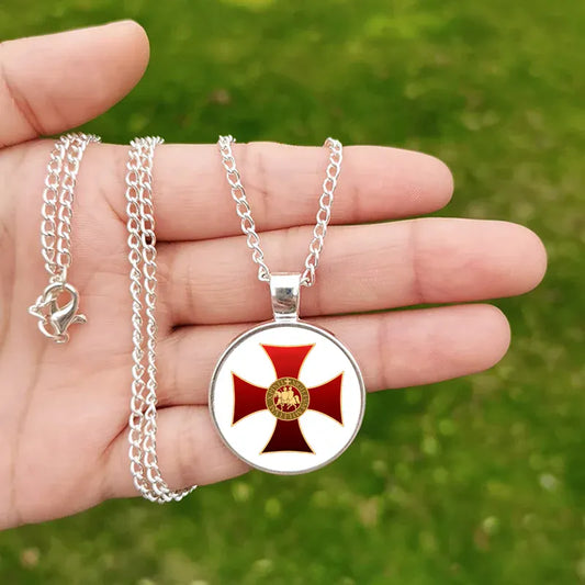 Collier chevaliers templiers Vintage, pendentif croix rouge, Cabochon en verre, longue chaîne, croix Solomons, symbole maçonnique B / Bronze