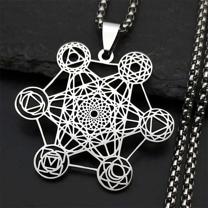 Collier Cube de Métatron aux Symboles des Chakras Argenté