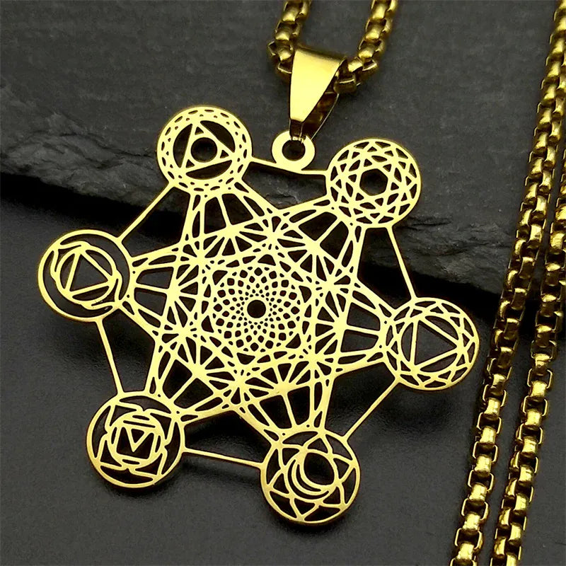 Collier Cube de Métatron aux Symboles des Chakras Doré