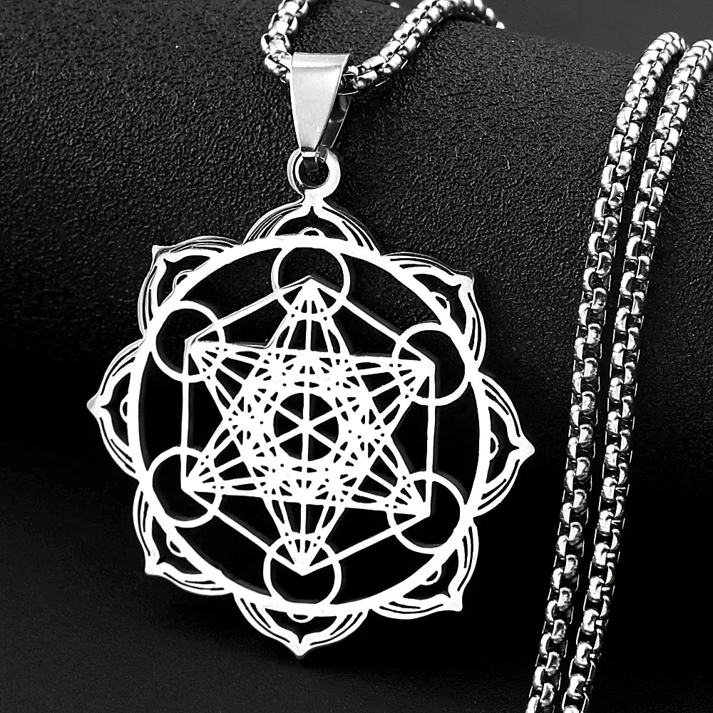 Collier Cube de Métatron en Couronne de Lotus Argenté