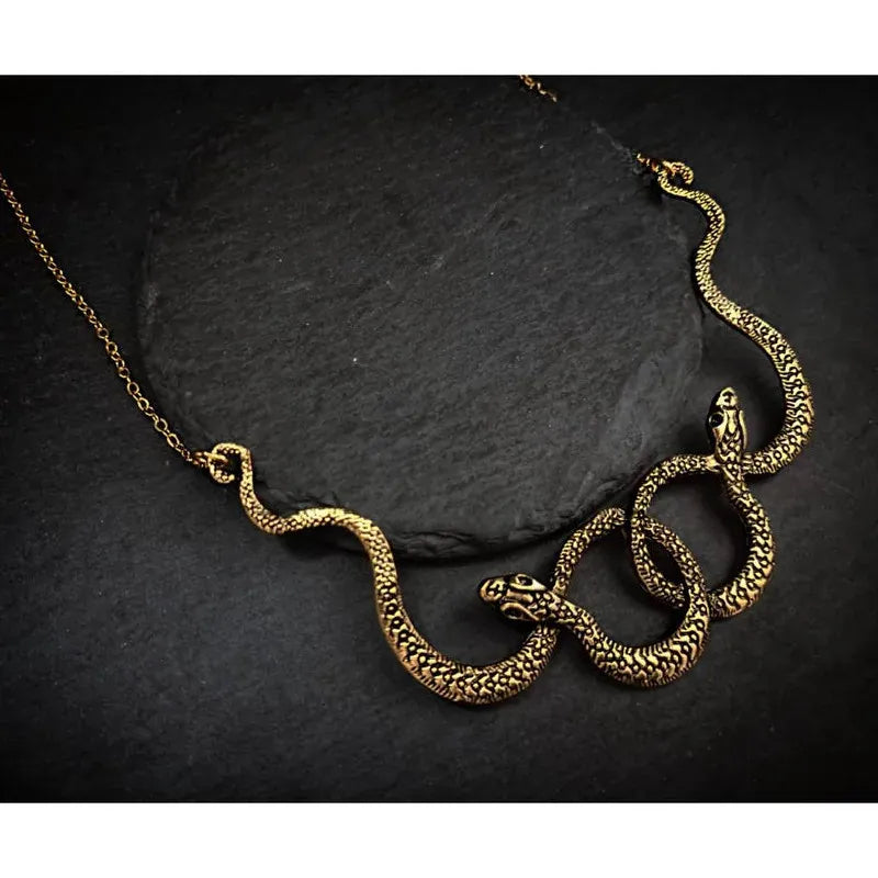 Collier Deux Serpents Enlacés Doré vieilli / 70 cm