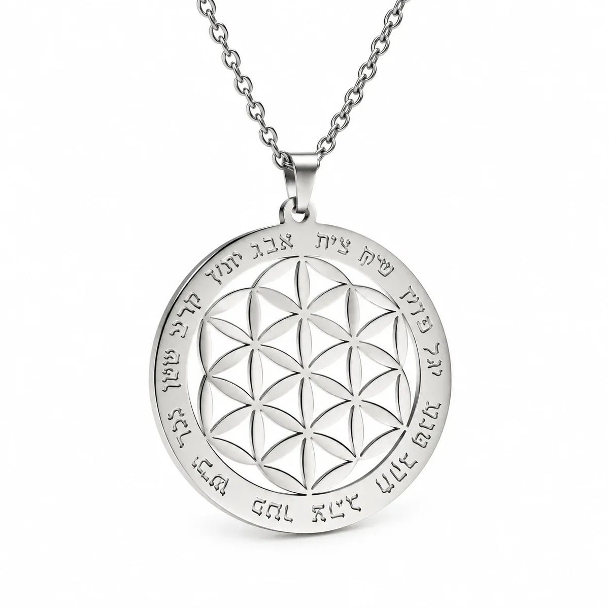Collier Fleur de Vie à Lettres Hébraïques Argenté / 45 cm