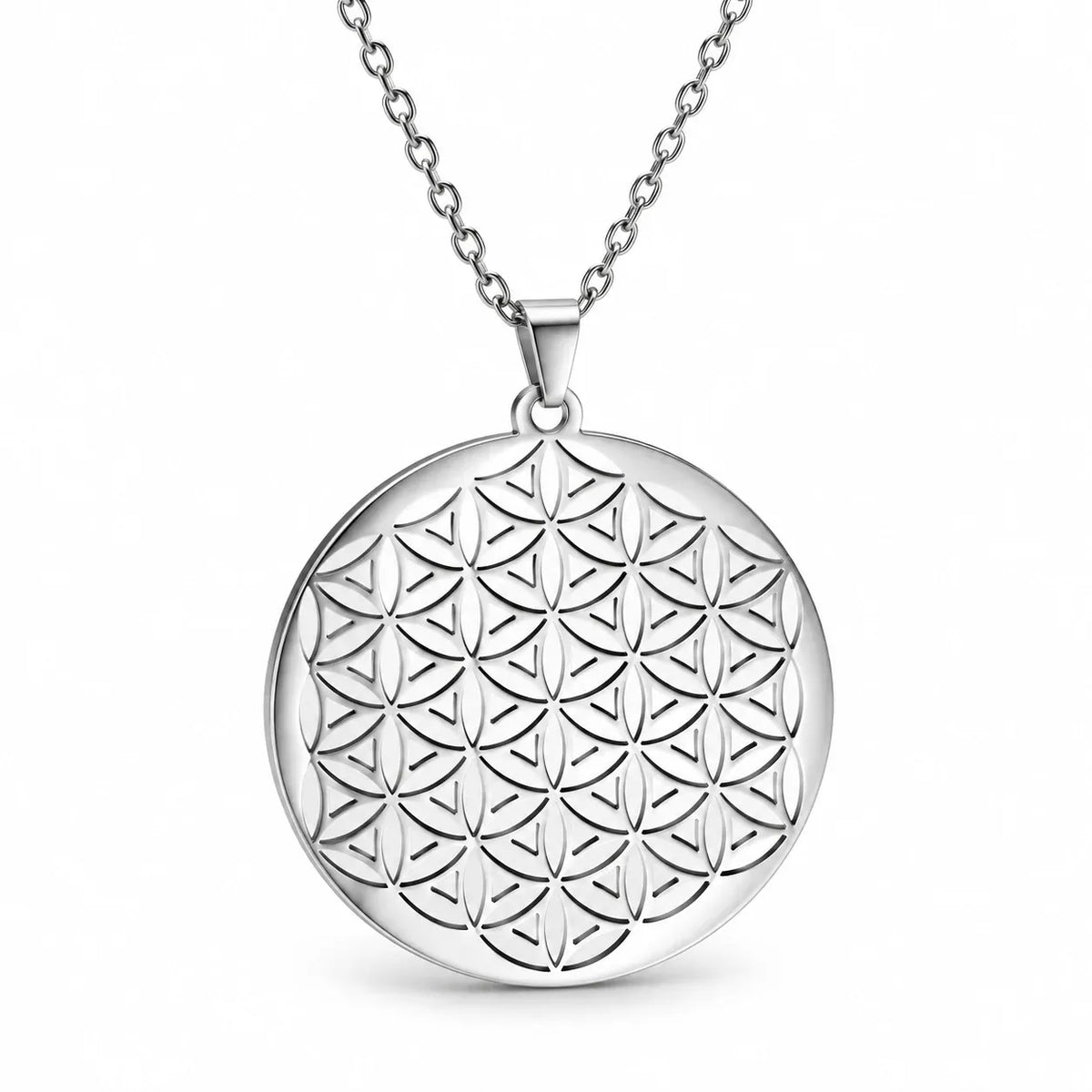 Collier Grand Disque Fleur de Vie Argenté / 45 cm
