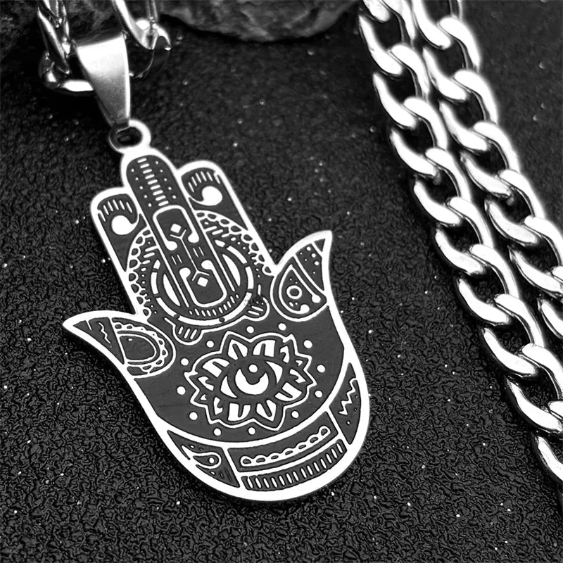 Collier Grande Main de Fatima Mandala Gravé Argenté
