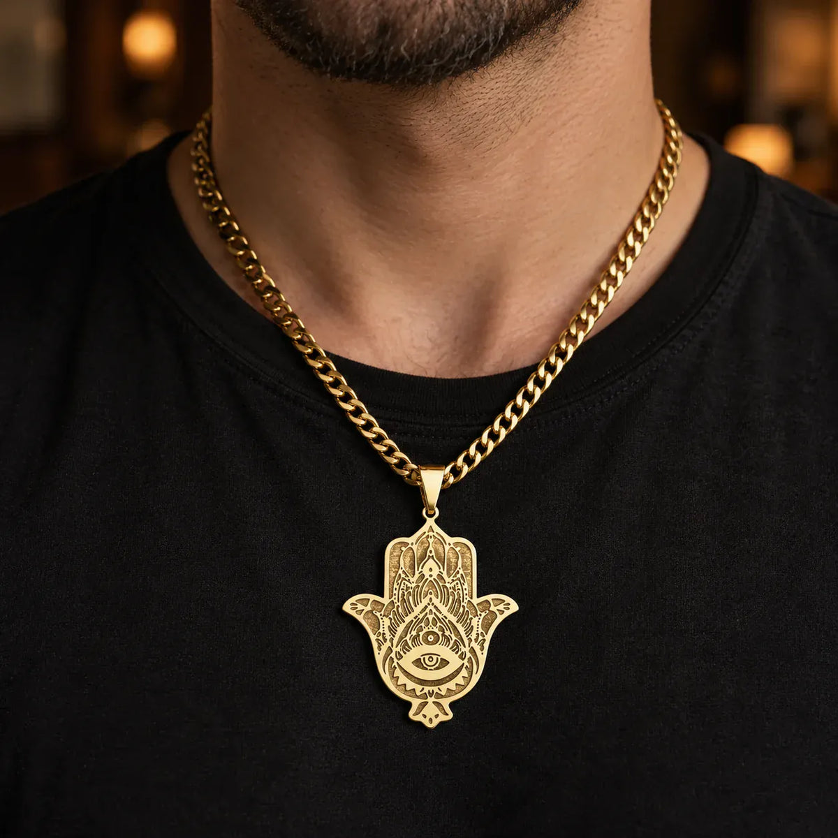 Collier Grande Main de Fatima Œil et Lotus Gravés