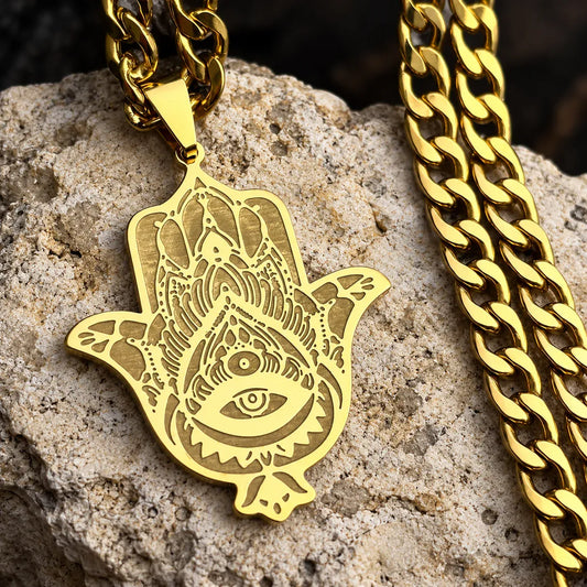 Collier Grande Main de Fatima Œil et Lotus Gravés