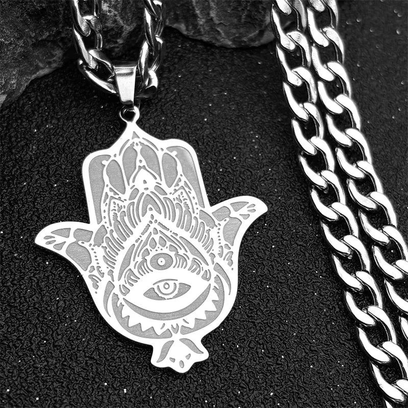 Collier Grande Main de Fatima Œil et Lotus Gravés Argenté
