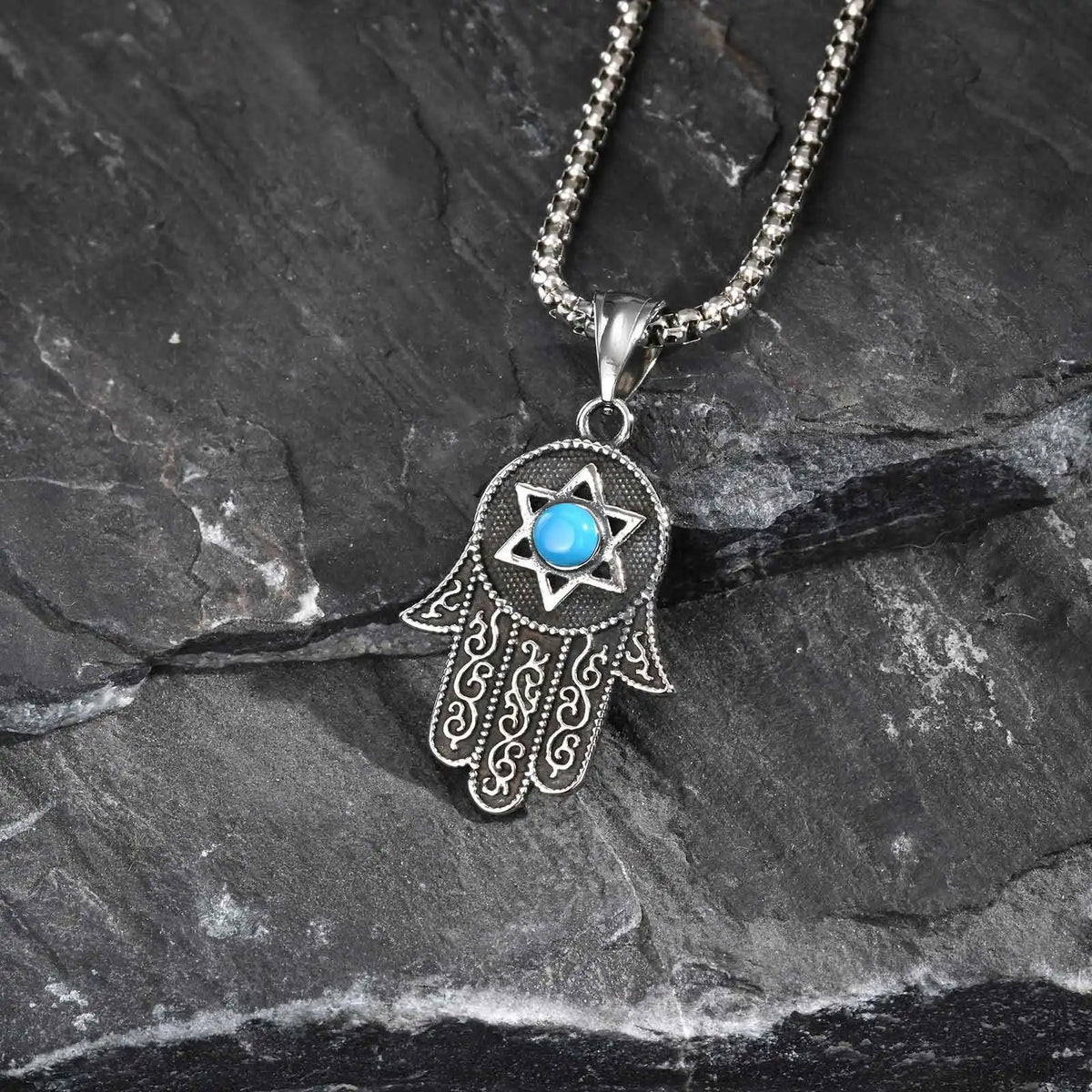 Collier Homme Main de Fatima Turquoise et Étoile de David 60 cm