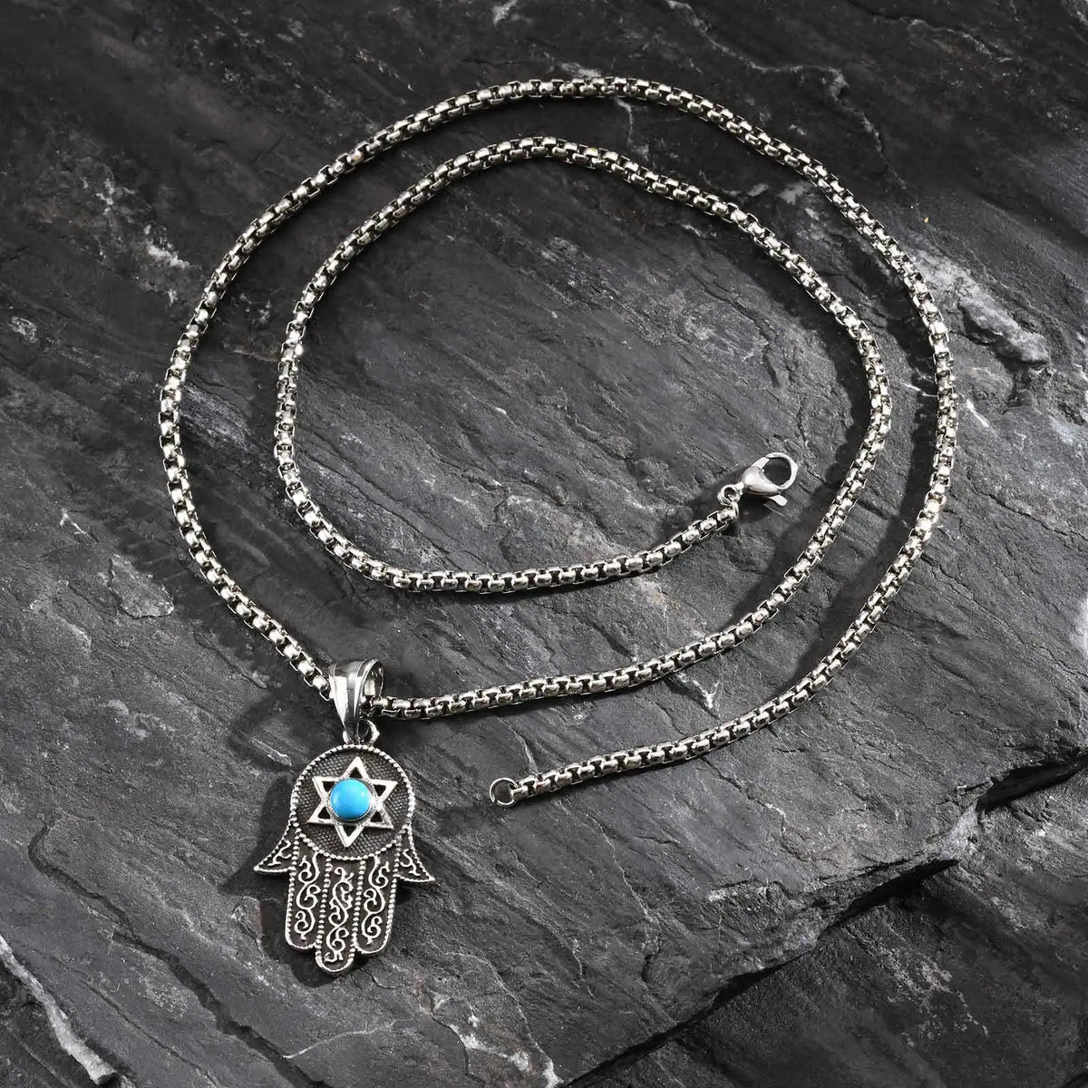 Collier Homme Main de Fatima Turquoise et Étoile de David 60 cm