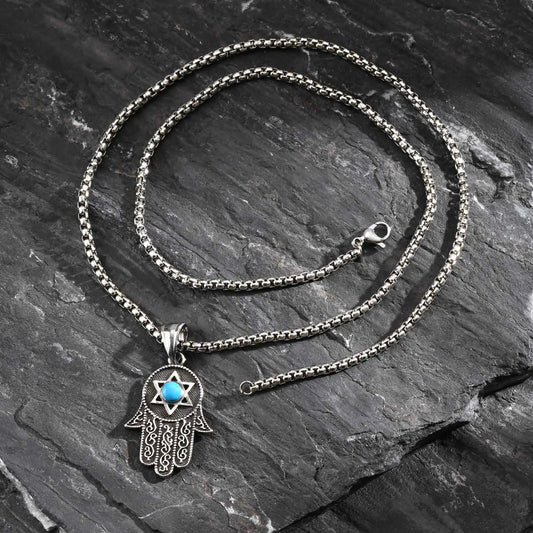 Collier Homme Main de Fatima Turquoise et Étoile de David 60 cm