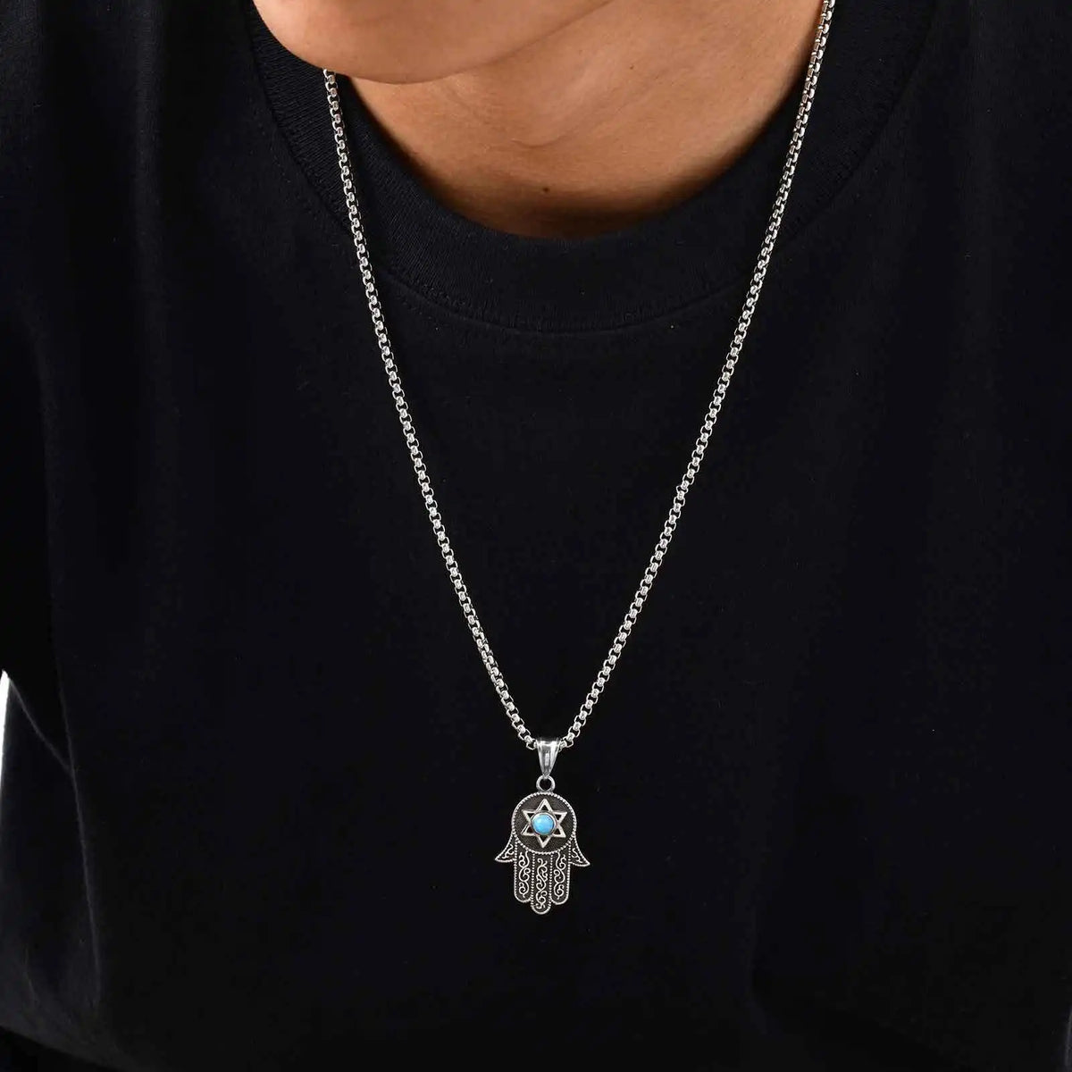 Collier Homme Main de Fatima Turquoise et Étoile de David 60 cm