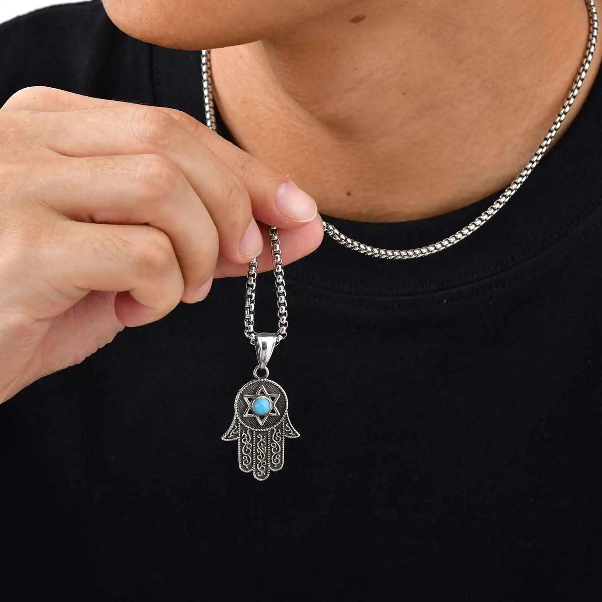 Collier Homme Main de Fatima Turquoise et Étoile de David 60 cm
