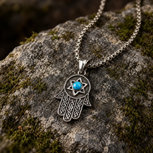 Collier Homme Main de Fatima Turquoise et Étoile de David 60 cm