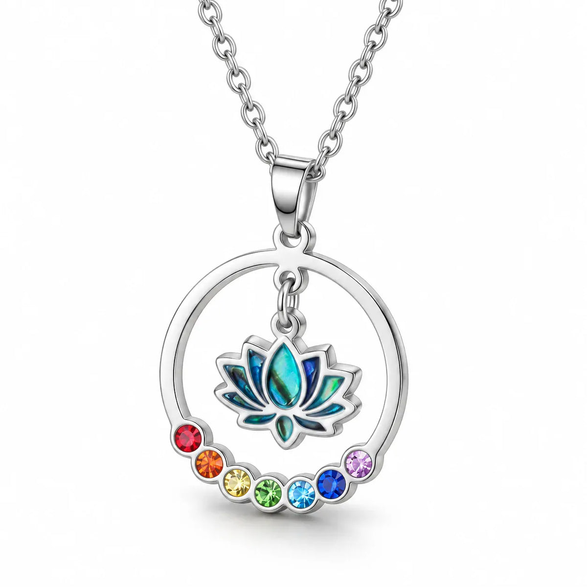 Collier Lotus Irisé dans un Cercle 7 Chakras Argenté