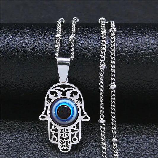 Collier Main de Fatima Ajourée Grand Œil Bleu Argenté