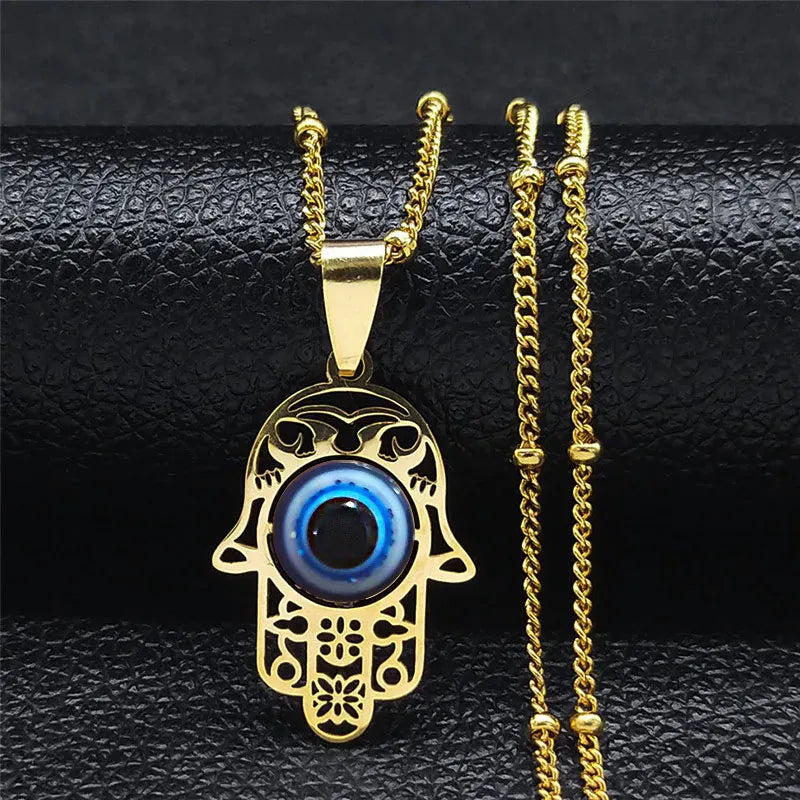 Collier Main de Fatima Ajourée Grand Œil Bleu Doré