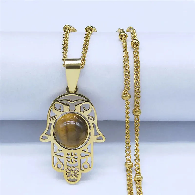 Collier Main de Fatima Ajourée Œil de Tigre