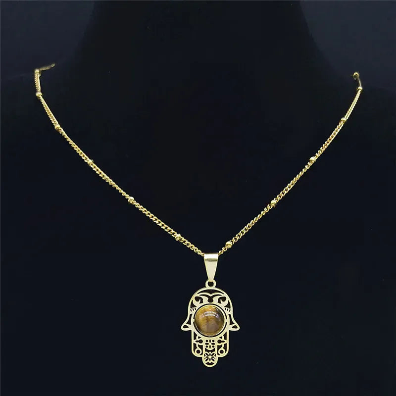 Collier Main de Fatima Ajourée Œil de Tigre