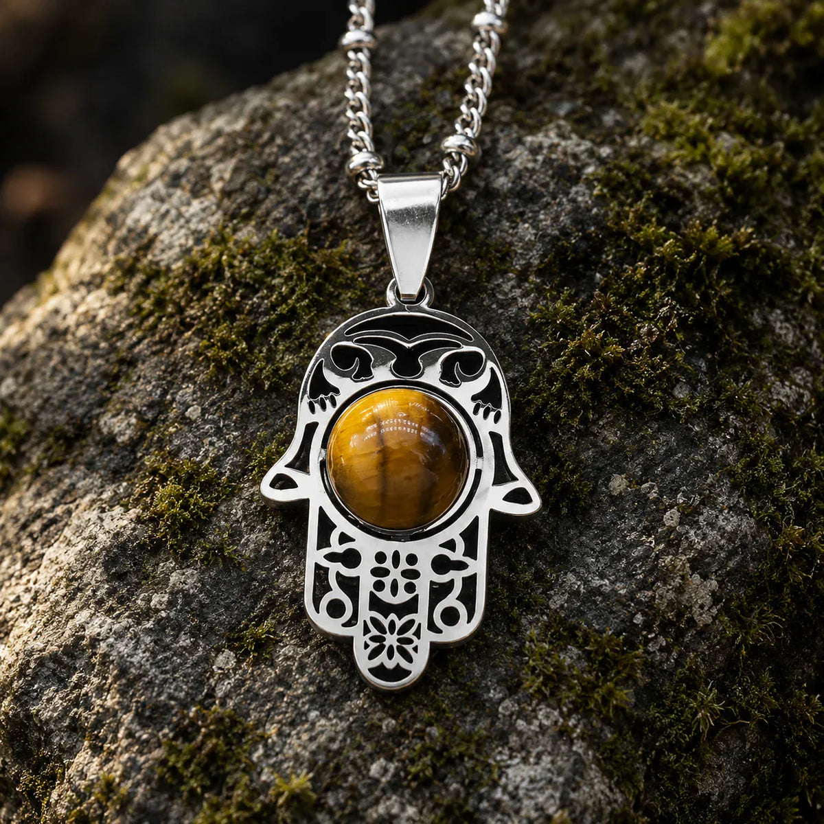 Collier Main de Fatima Ajourée Œil de Tigre
