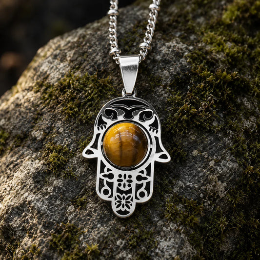 Collier Main de Fatima Ajourée Œil de Tigre