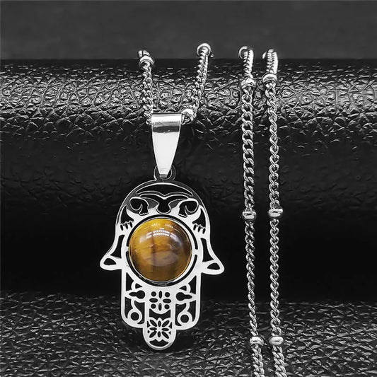 Collier Main de Fatima Ajourée Œil de Tigre Argenté