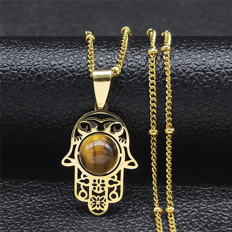 Collier Main de Fatima Ajourée Œil de Tigre Doré