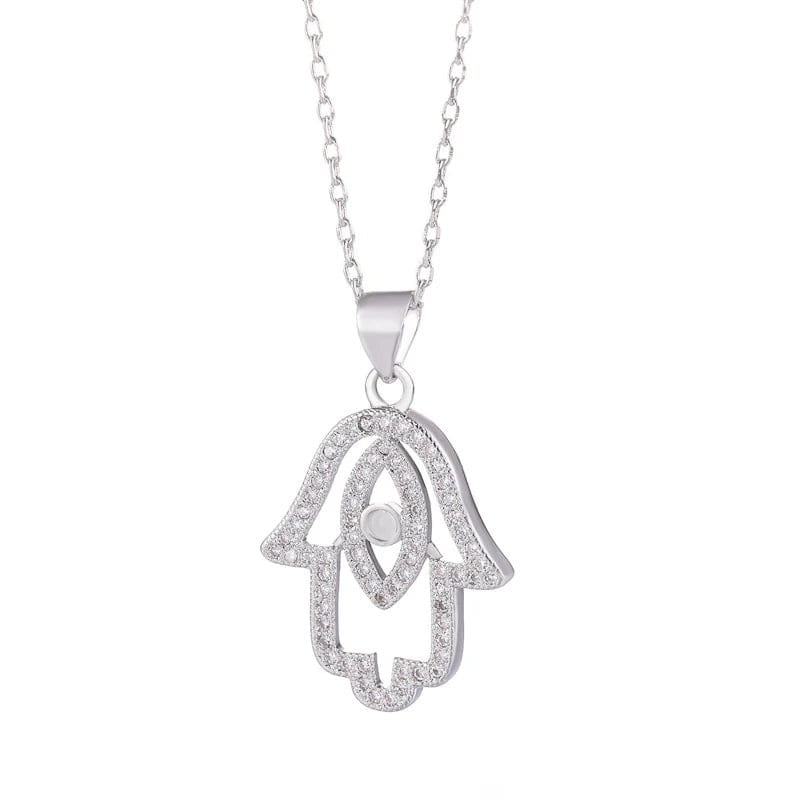 Collier Main de Fatima Ajourée Pavée à Œil Argenté