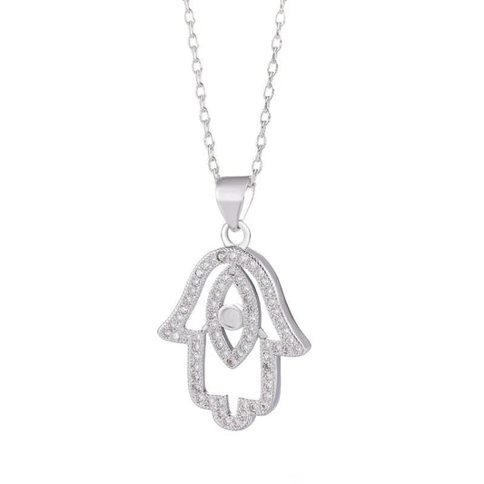 Collier Main de Fatima Ajourée Pavée à Œil Argenté