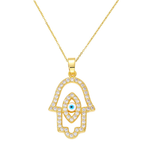 Collier Main de Fatima Dorée Pavée Œil Bleu Doré