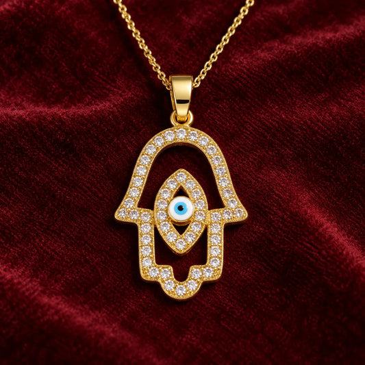 Collier Main de Fatima Dorée Pavée Œil Bleu Doré