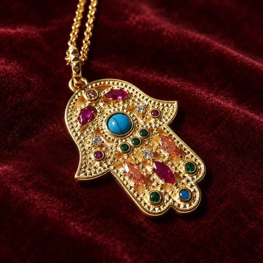 Collier Main de Fatima Dorée Sertie de Pierres Multicolores
