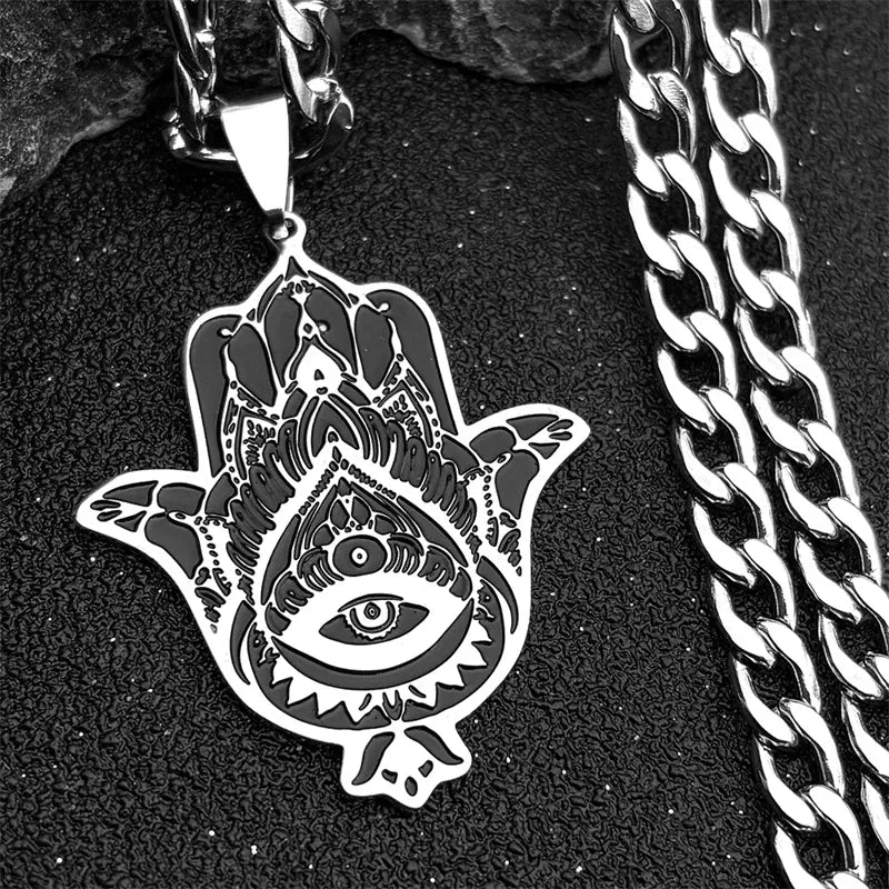 Collier Main de Fatima Émail Bleu Inscription Hébraïque Bleu et argent