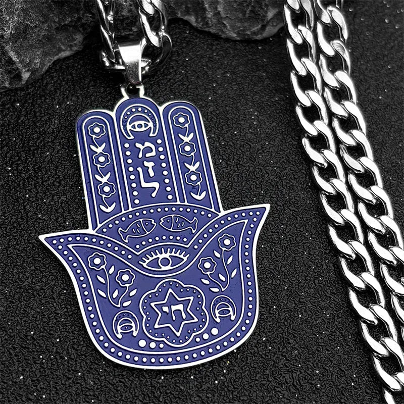 Collier Main de Fatima Émail Bleu Inscription Hébraïque Bleu et argent