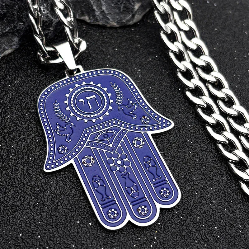 Collier Main de Fatima Émail Bleu Lettre Hébraïque et Étoile Bleu et argent