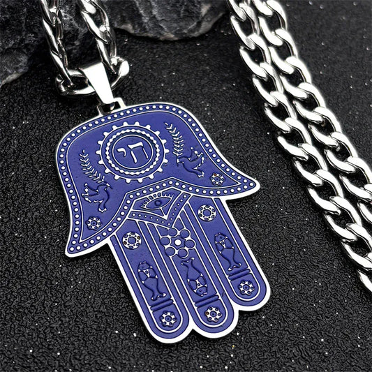 Collier Main de Fatima Émail Bleu Lettre Hébraïque et Étoile Bleu et argent