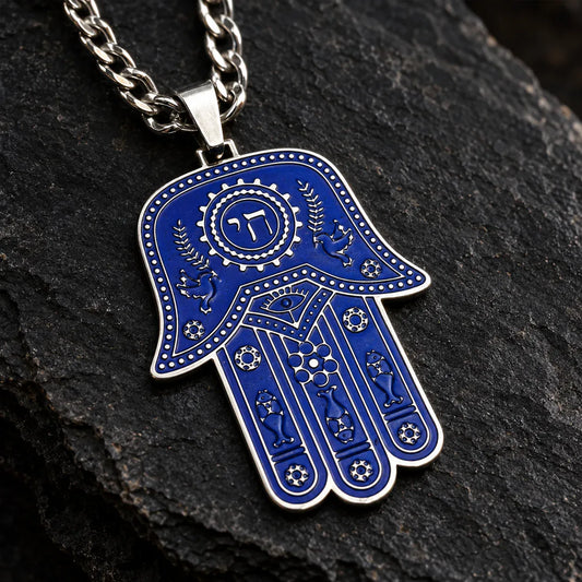 Collier Main de Fatima Émail Bleu Lettre Hébraïque et Étoile Bleu et argent