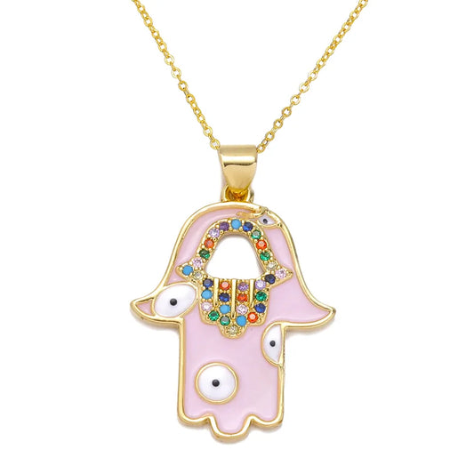 Collier Main de Fatima Émail Rose et Zircons Colorés Doré