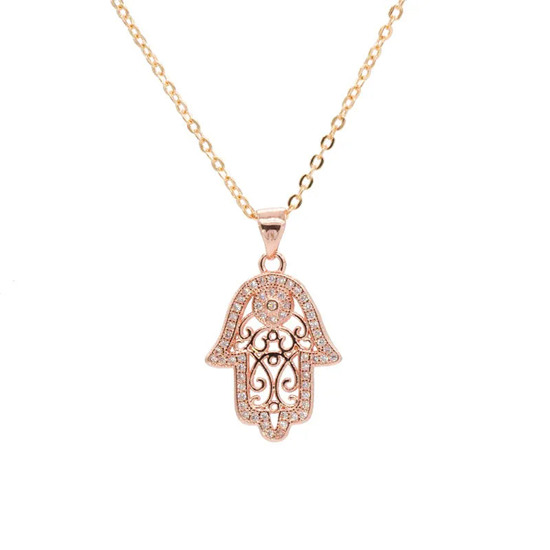 Collier Main de Fatima Filigrane Pavé Or rose