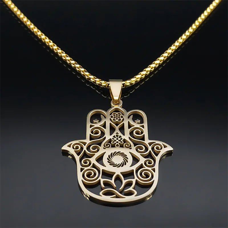 Collier Main de Fatima Filigranée Œil et Lotus