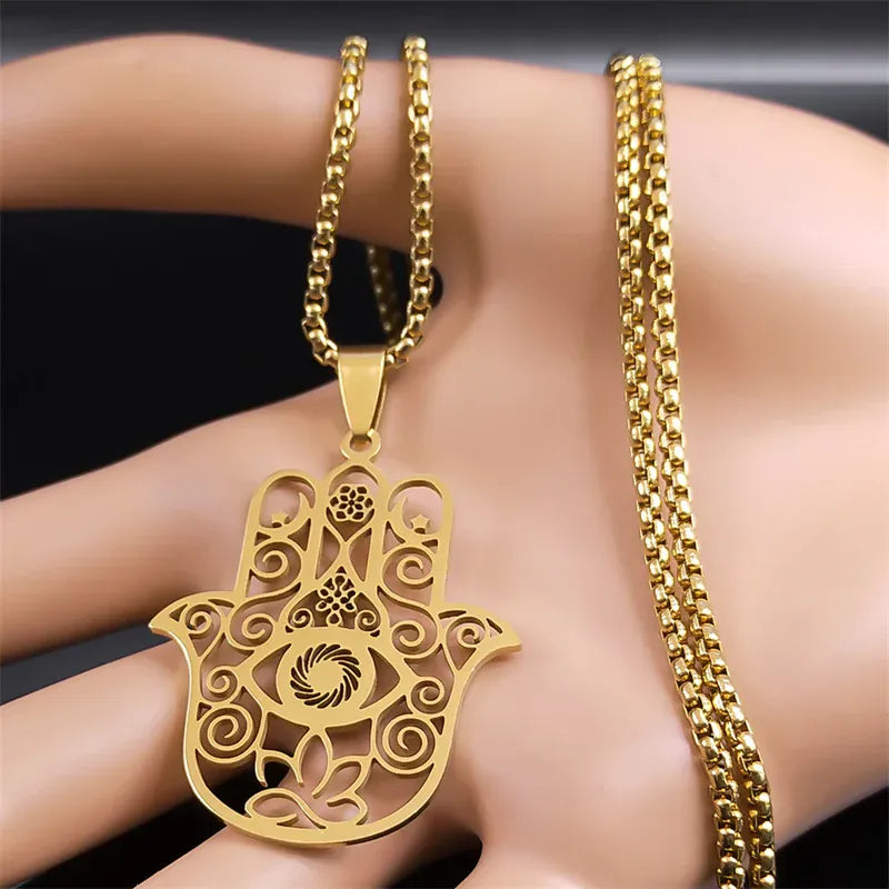 Collier Main de Fatima Filigranée Œil et Lotus