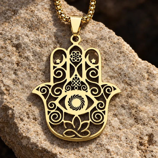 Collier Main de Fatima Filigranée Œil et Lotus