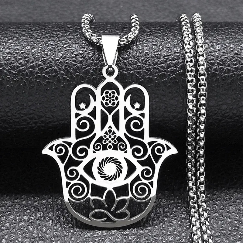 Collier Main de Fatima Filigranée Œil et Lotus Argenté 50 cm