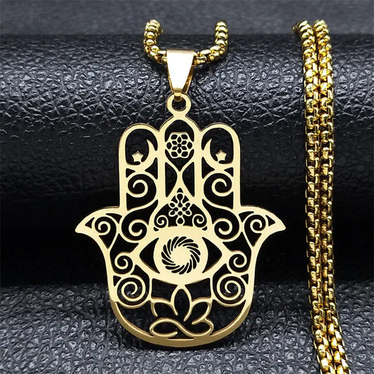 Collier Main de Fatima Filigranée Œil et Lotus Doré 60 cm