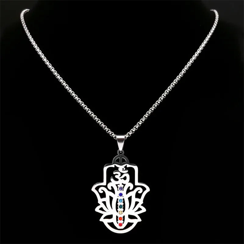 Collier Main de Fatima Om et Lotus 7 Chakras Argenté