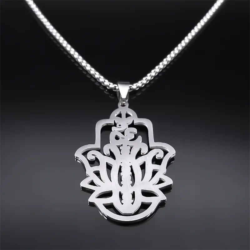 Collier Main de Fatima Om et Lotus 7 Chakras Argenté