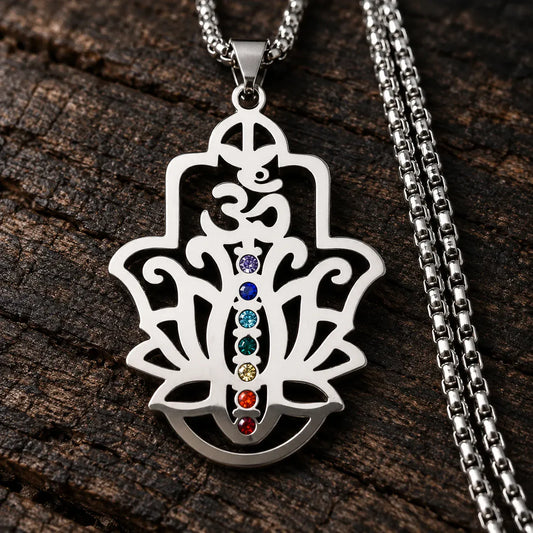 Collier Main de Fatima Om et Lotus 7 Chakras Argenté