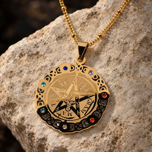 Collier Médaillon Pentagramme Tétragrammaton à 7 Strass