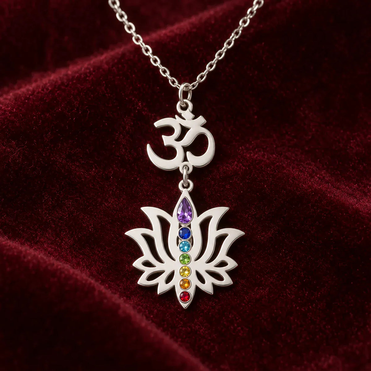 Collier Om et Lotus à Goutte Violette 7 Chakras
