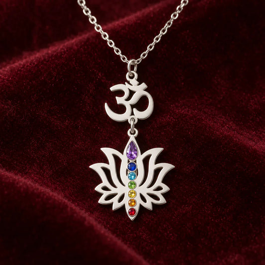 Collier Om et Lotus à Goutte Violette 7 Chakras