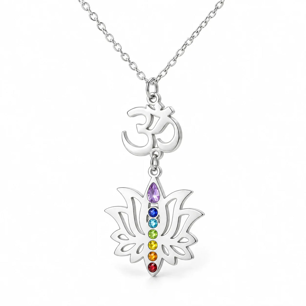 Collier Om et Lotus à Goutte Violette 7 Chakras Argenté